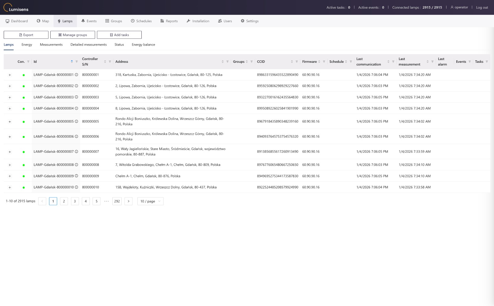 Lumisys – list of streetlights with status